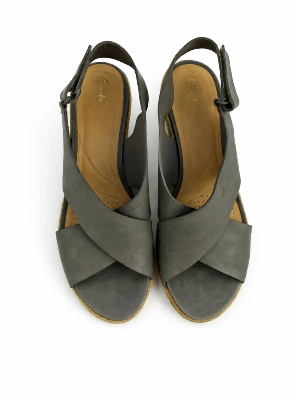 Clarks Artisan Gray Leather Wedge Sandals Slingback Platform Espadrille Style